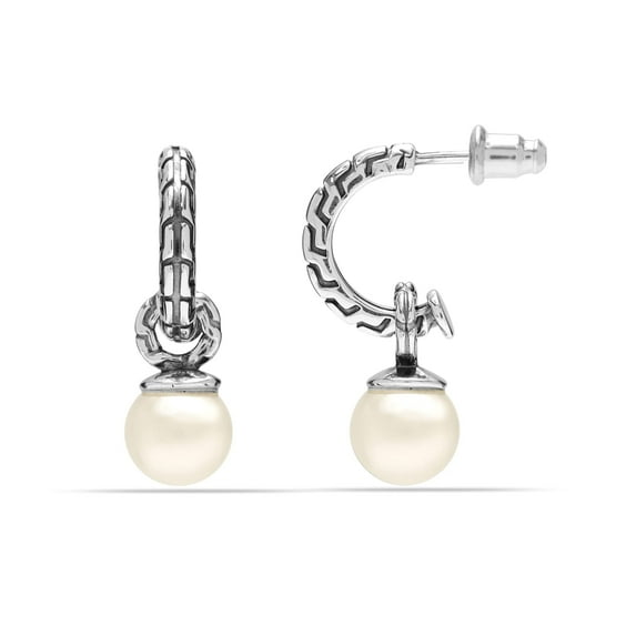 LeCalla 925 Sterling Silver Simulated Pearl Drop J Hoop Earrings for Women and Teen 15MM