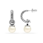 LeCalla 925 Sterling Silver Simulated Pearl Drop J Hoop Earrings for Women and Teen Girls 15MM - Gifts for Mothers Day