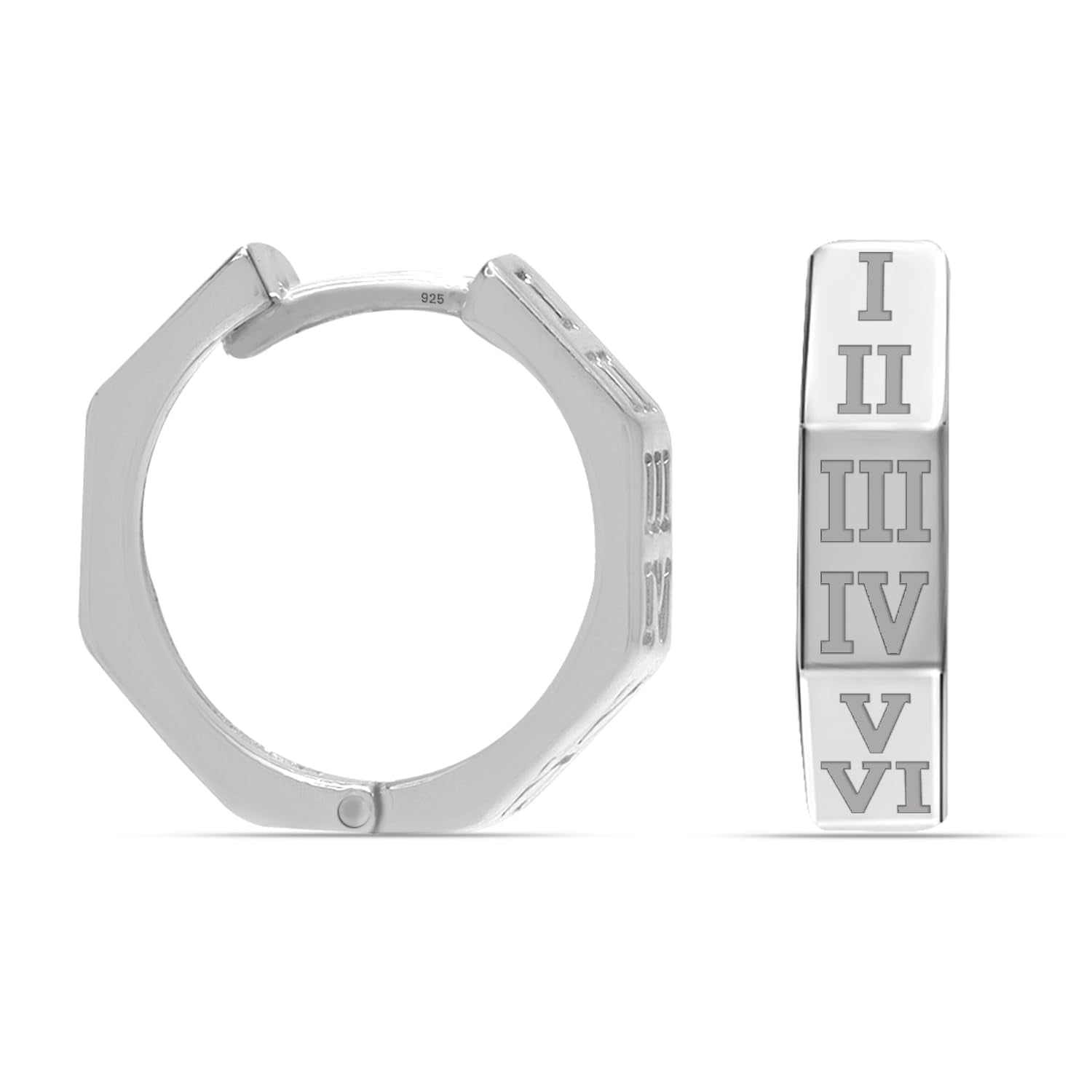 LeCalla 925 Sterling Silver Small Huggie Hoop Earrings for Men | Retro Style Engraved Roman Number Geometric Hoops Earring 15MM