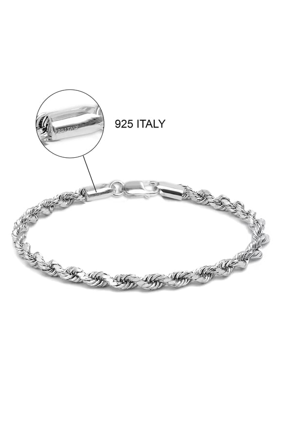 925 Sterling Silver Solid Italian Diamond-Cut 4MM Rope Chain Bracelets for Women and Men 8" Inches