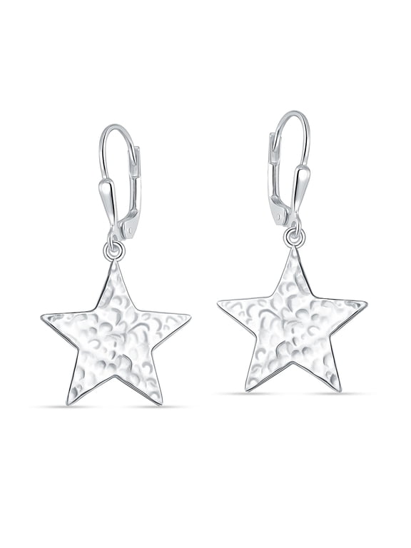925 Sterling Silver Star Earrings for Women | Hammered Twinkle Wishing Star Dangle Earrings | Hypoallergenic Handmade Leverback Earring | Women's Silver Celestial Shooting Star Earring 35MM