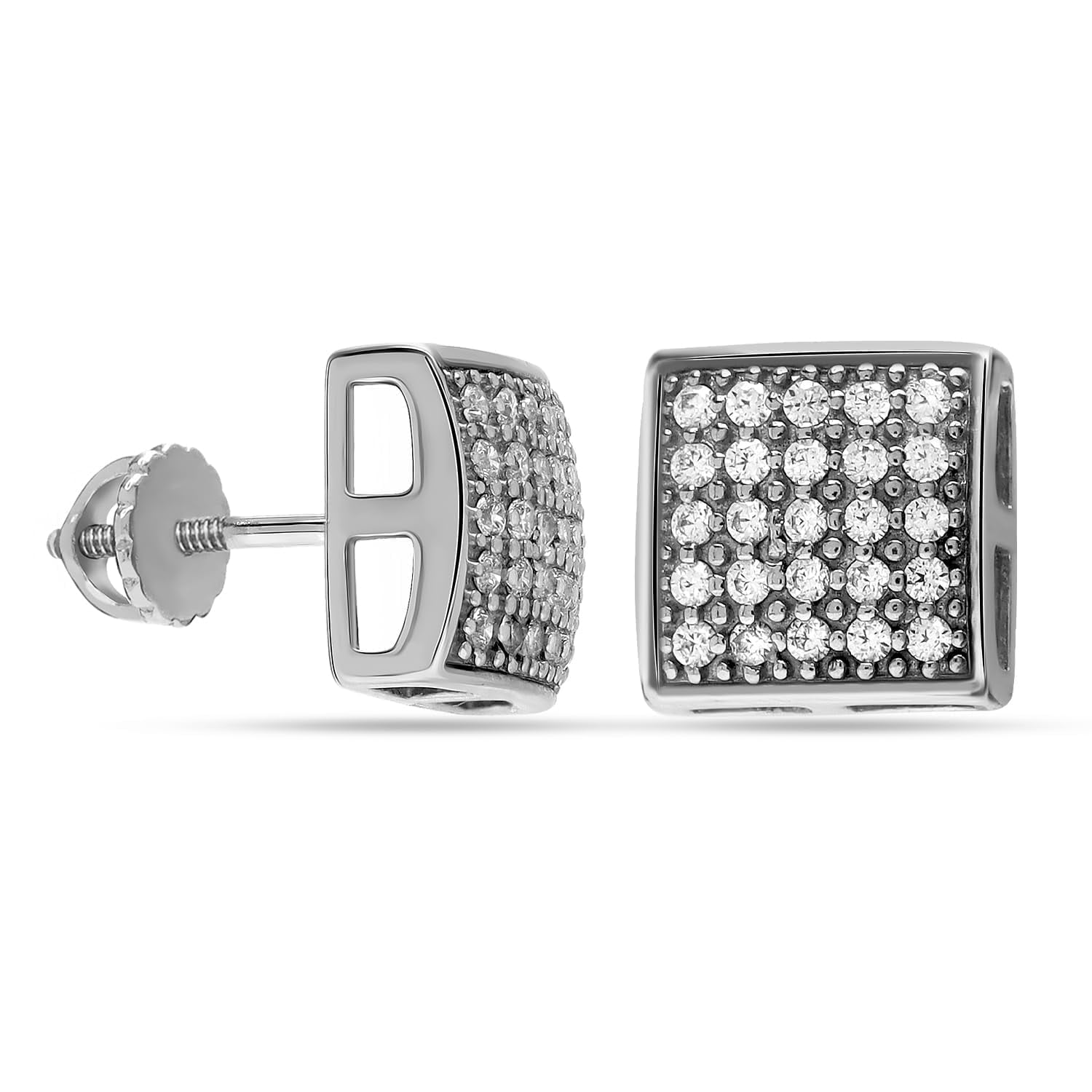 LeCalla 925 Sterling Silver Stud Earring | Classic Micro Pave Cubic Zirconia Studs | Square Earrings for Men's 13 MM