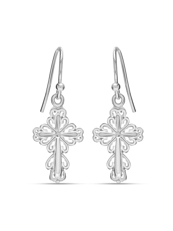 925 Sterling Silver Swirl Cross Drop Dangle Earrings Celtic Filigree Cross Dangle Hook Earrings for Women 27MM