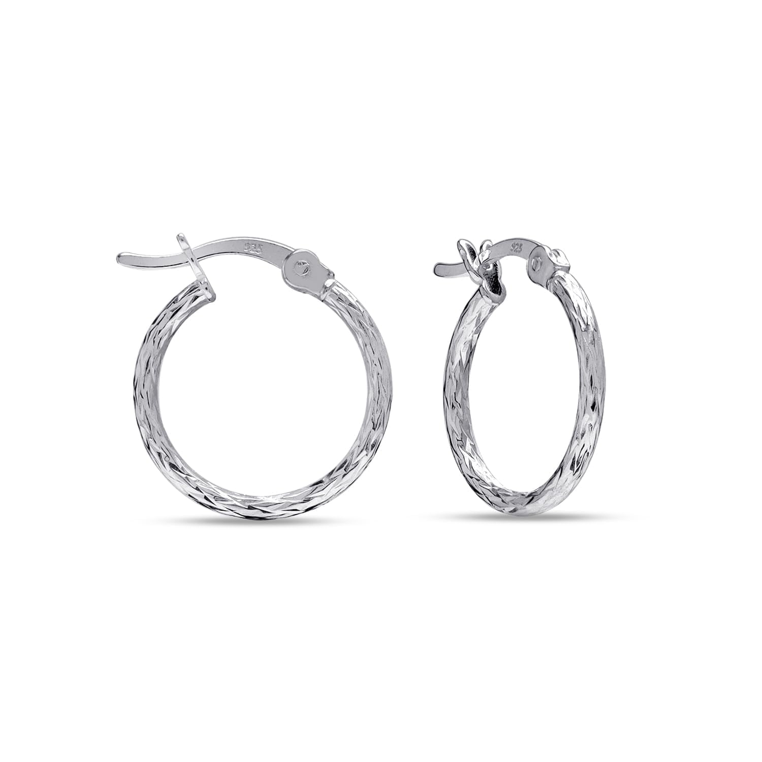LeCalla 925 Sterling Silver Texture Hoop Earrings for Women | Small Classic Diamond-Cut Textured Hoop Earring | Womens Click-Top Earring Hoops 15MM