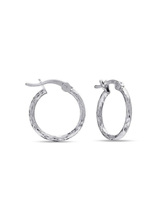 925 Sterling Silver Texture Hoop Earrings for Women | Small Classic Diamond-Cut Textured Hoop Earring | Womens Click-Top Earring Hoops 15MM
