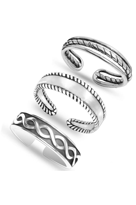 Sterling Silver Adjustable Hypoallergenic Antitarnish Toe Rings, Set of 3 (Women's)