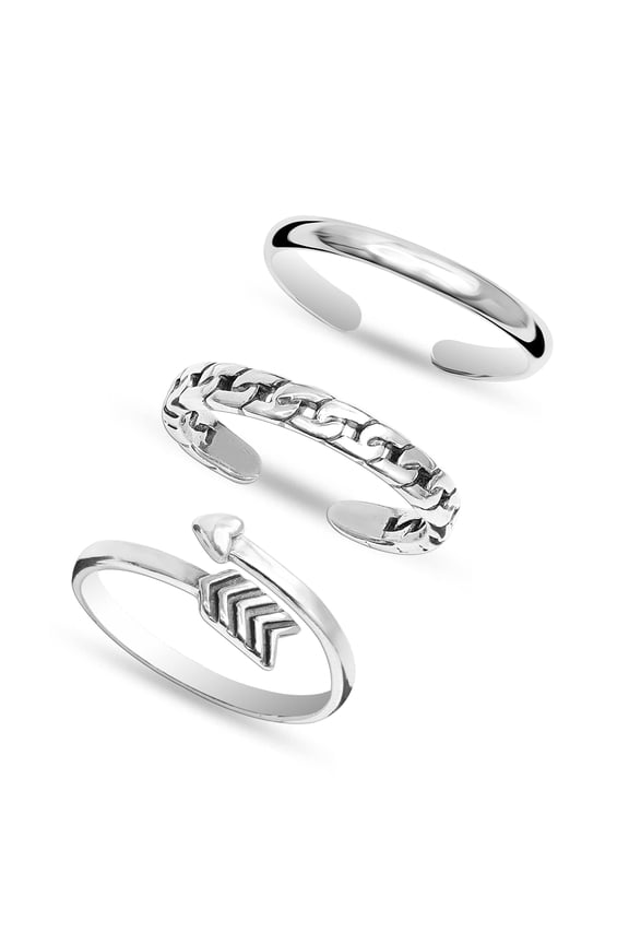 925 Sterling Silver Toe Rings Light-Weight Band, Curb Link and Arrow Open Adjustable Toe Rings for Female Set of 3 Pcs
