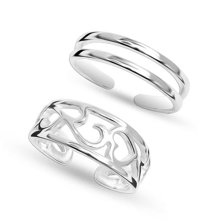 LeCalla Sterling Silver Adjustable Hypoallergenic Toe Rings Set, Heart and Band Design, Set of 2