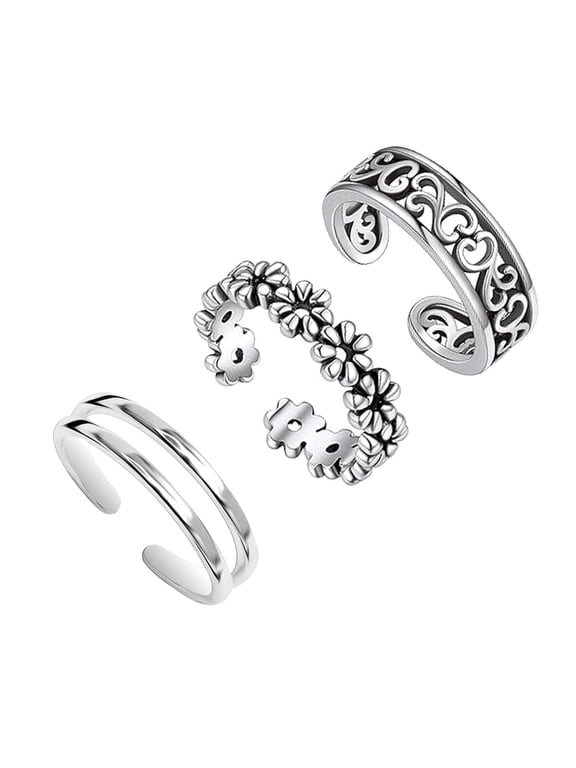 Adjustable Hypoallergenic Sterling Silver Toe Rings Set of 3 - Flower, Heart, Band