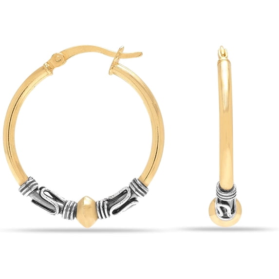 LeCalla 925 Sterling Silver Two-Tone Beaded Bohemian Bali Tribal Click-Top Hoop Earrings for Teen Women 25MM