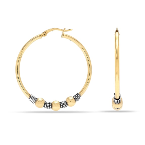 LeCalla 925 Sterling Silver Two-Tone Beaded Bohemian Bali Tribal Click-Top Hoop Earrings for Women Teen 35mm