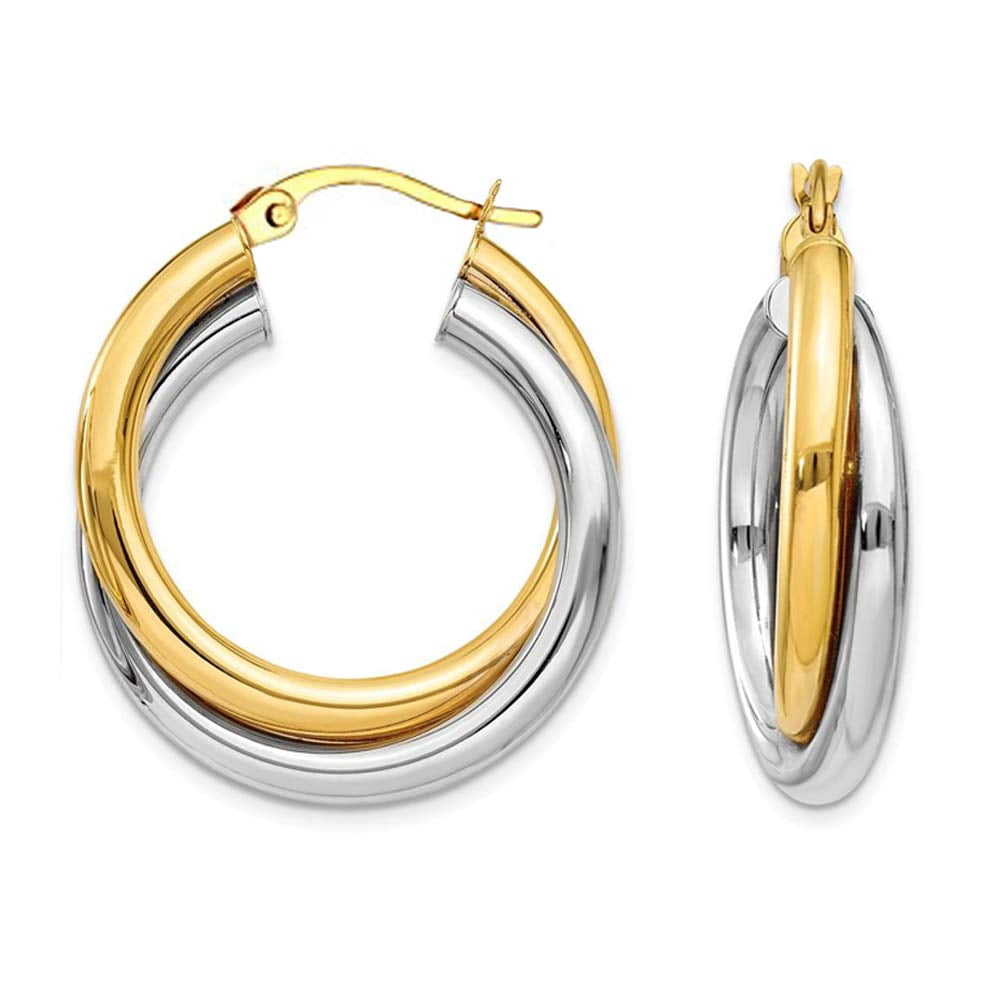 LeCalla 925 Sterling Silver Two Tone Click Top Intertwining Round Hoop Earrings for Women and Teen 28MM