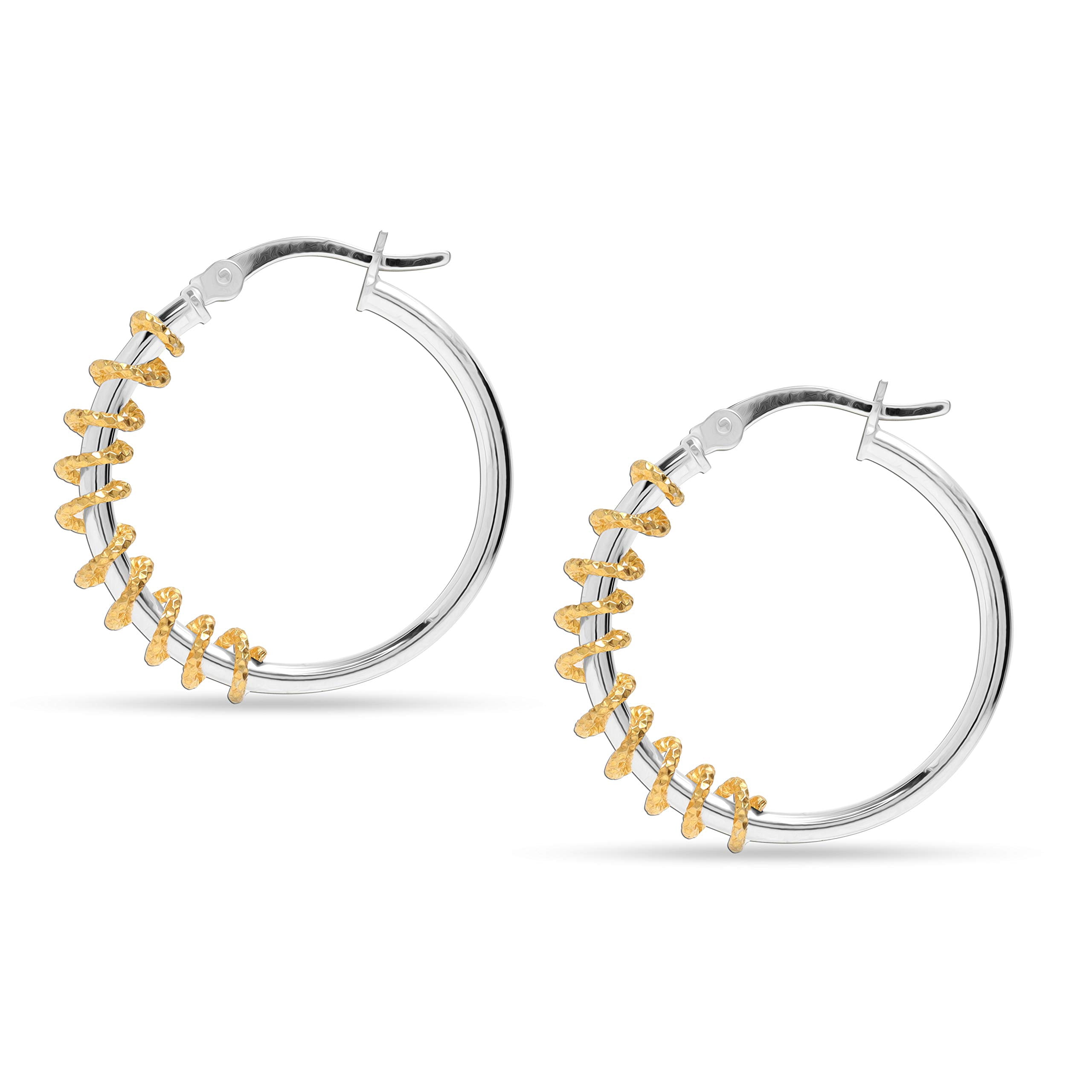 LeCalla 925 Sterling Silver Two-Tone Diamond-Cut Click-Top Hoop Earring for Women and Teen Jewelry Gift 27MM