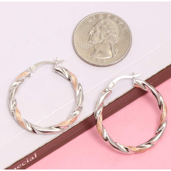 LeCalla 925 Sterling Silver Hoop Earrings for Women Light Weight Two-Tone Click Top Earring 30MM