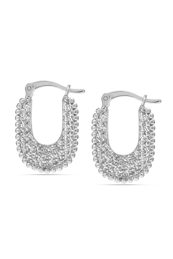 925 Sterling Silver U Shape Chunky Hoop Earring Jewelry Thick Beaded Texuted Small Click-Top Hoop Earrings for Women Teen 22MM