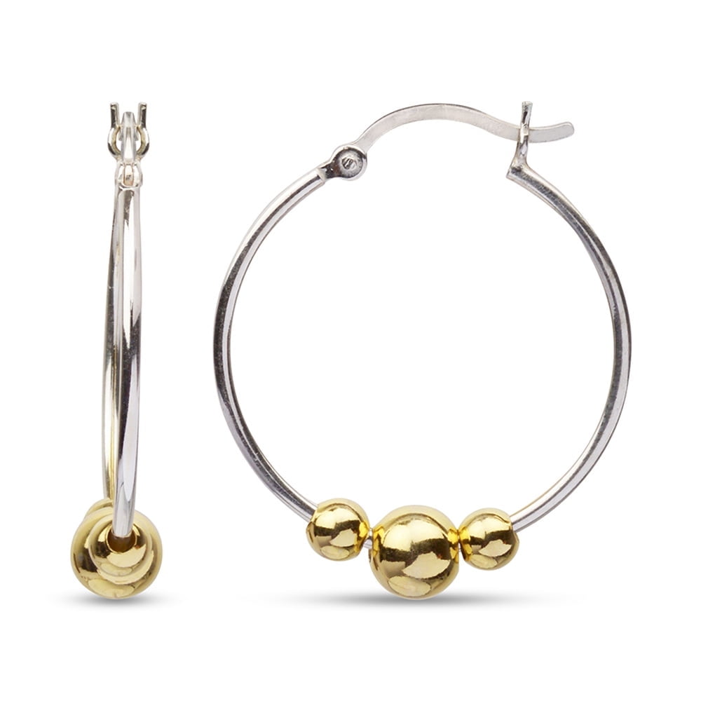 LeCalla 925 Sterling Silver two tone Jewelry Bead Hoop Earring for Women and Teen 25MM