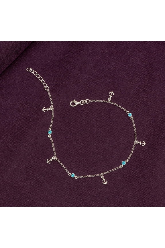 Anchor Anklet for Women 925 Sterling Silver Adjustable Ankle Bracelet Round Blue Zirconia Nautical Ocean Jewelry Gift