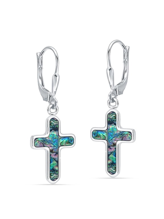 Cross Earrings - 925 Sterling Silver Leverback Earrings for Women | Abalone Shell Dangle Drop Earrings for Women | Religious Faith Jewelry Christian Gifts 35m