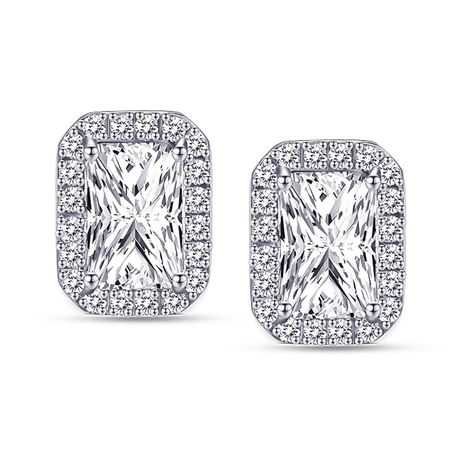 LeCalla Men's 925 Sterling Silver Stud Earrings | Rhodium Plated Rectangular Shaped Halo CZ Earrings Studs 10MM