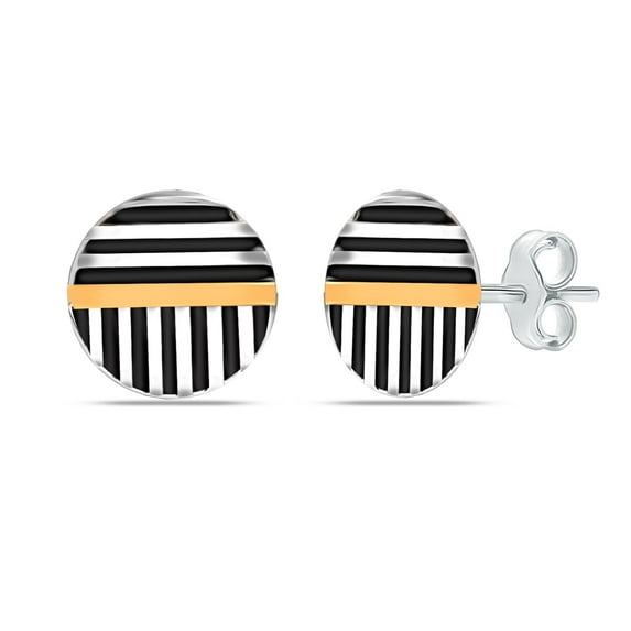 LeCalla Men's 925 Sterling Silver Stud Earrings | Three-Tone Striped Button Studs Earring Jewelry Gifts for Him 12MM
