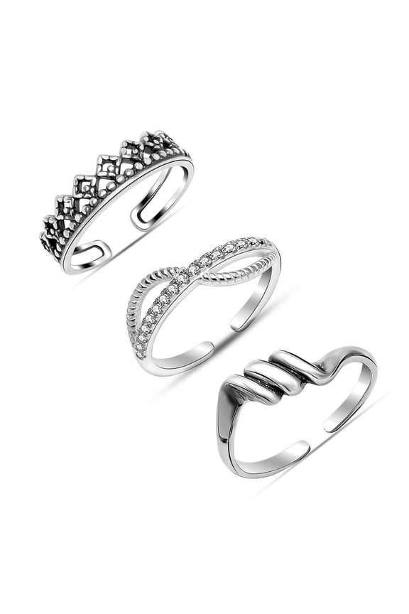 Set of 3 Pcs 925 Sterling Silver Antique Toe Rings for Women | Cubic Zirconia Infinity Twisted Seashell Crown Toe Rings | Open Toe Ring Beach Foot Jewelry for Summer