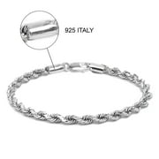 LeCalla Solid 925 Sterling Silver Light-Weight Italian Diamond-Cut 4MM Rope Chain Bracelets for Women and Men 7" Inches