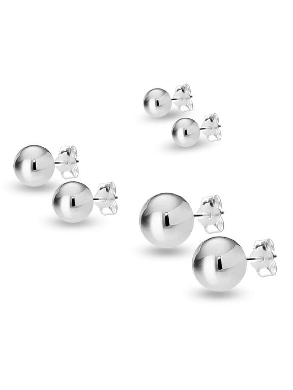 Sterling Silver Ball Post Stud Earrings Set of 3 Pairs (3MM, 6MM, 8MM) for Women and Teens