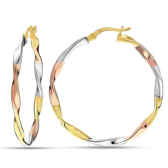 LeCalla Women's 925 Sterling Silver Round Twisted Hoop Earrings | 14K Rose Gold & 14K Yellow Gold Plated Tricolor Earrings | Handmade Classic Earrings with Secure Latch Back 40MM