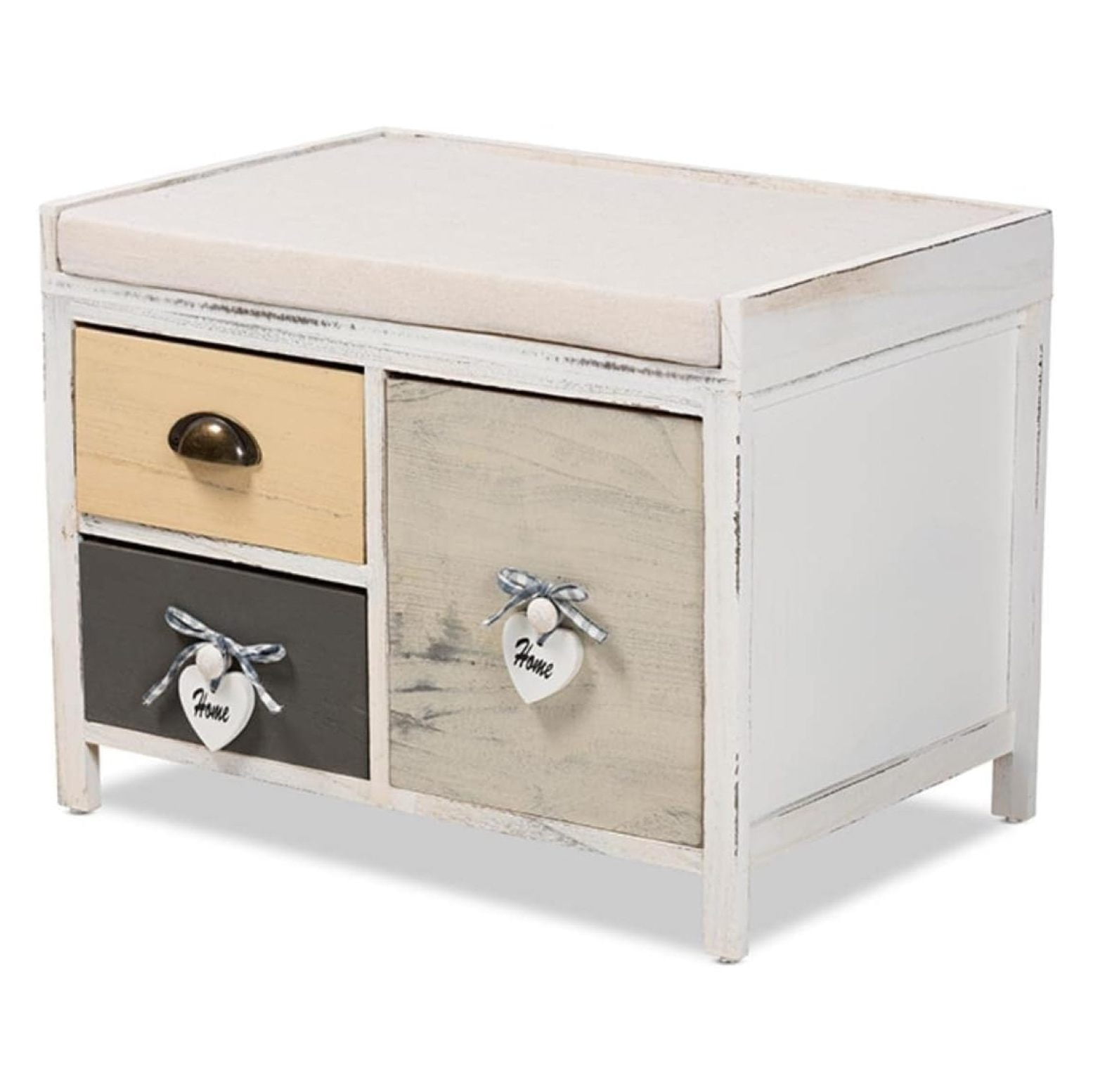 Jacoby Beige and Multi-Colored 3-Drawer Wood Storage Bench with Cushion