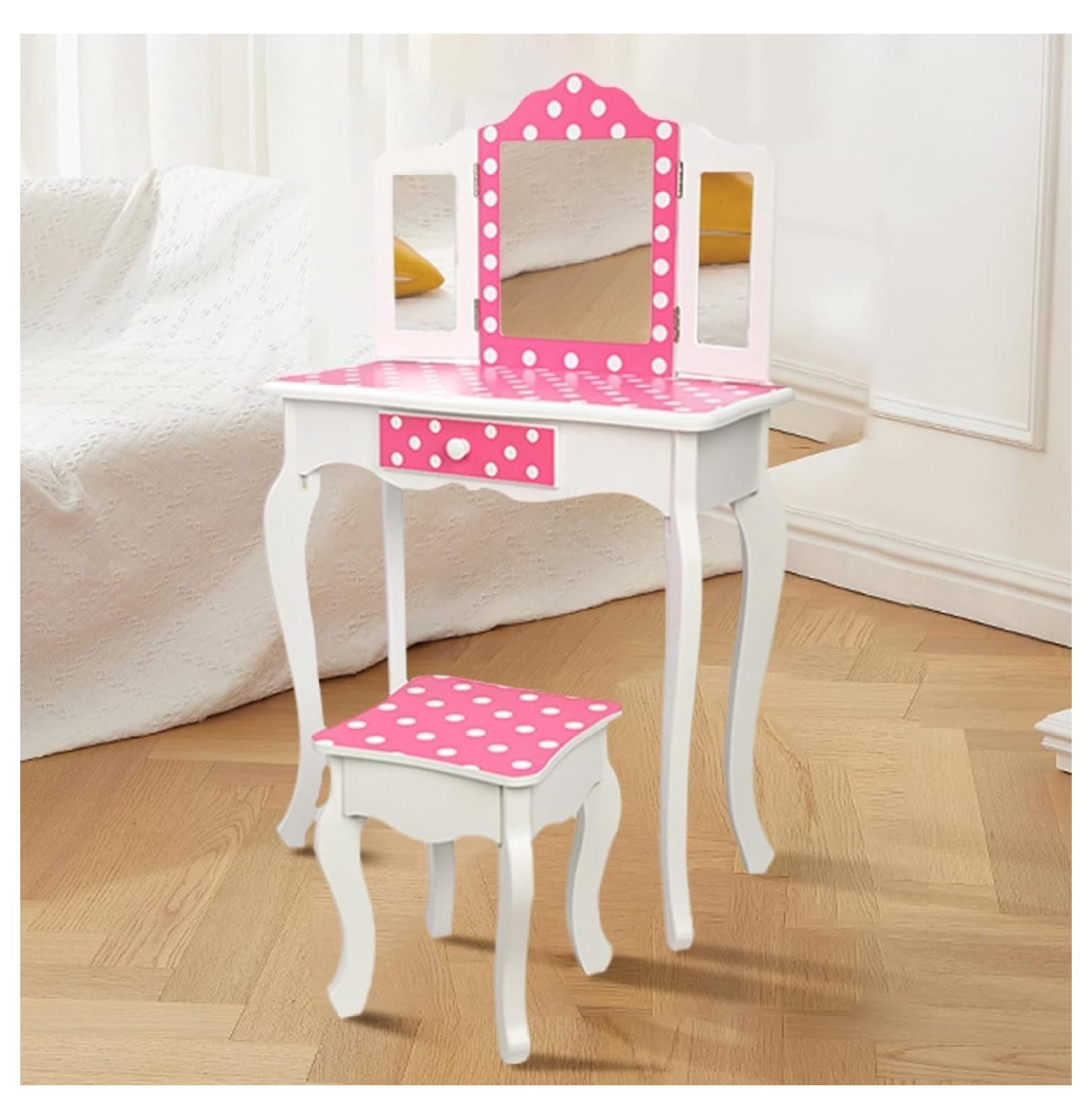 LeCeleBee Kids Vanity Set with Mirror Age 49 with Drawers,Little Girls Vanity Set with Mirror