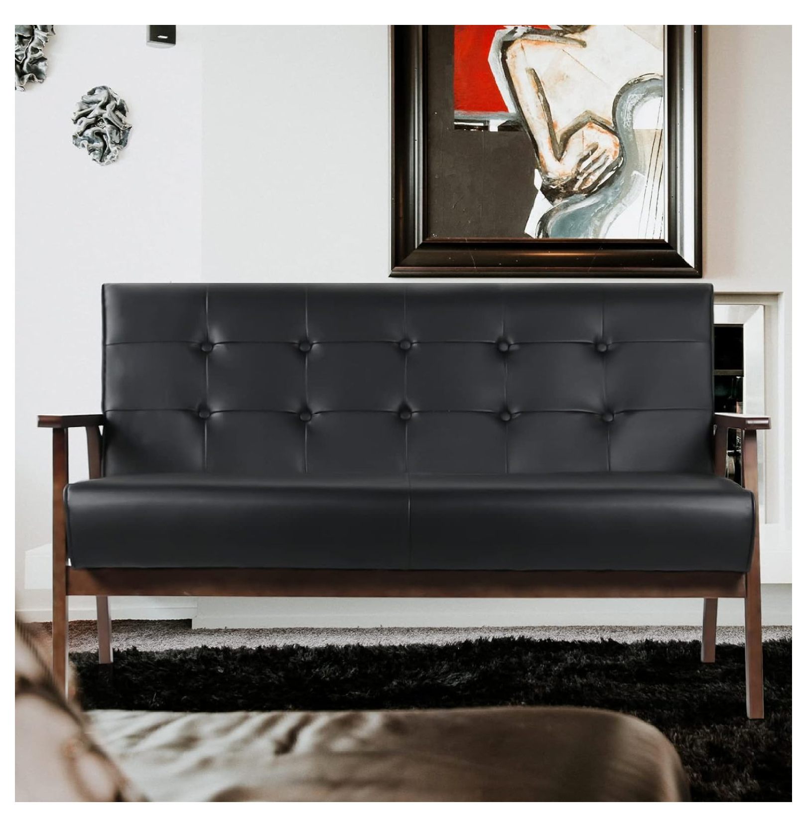 LeCeleBee Modern Wooden Leather 2Seat Sofa, Sleek Minimalist Loveseat