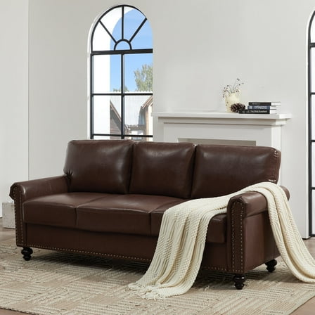 LeChapitre Faux Leather Sofa with Storage Seats, Classic 3-Seater Couch with Nailhead Trim (Dark Brown)