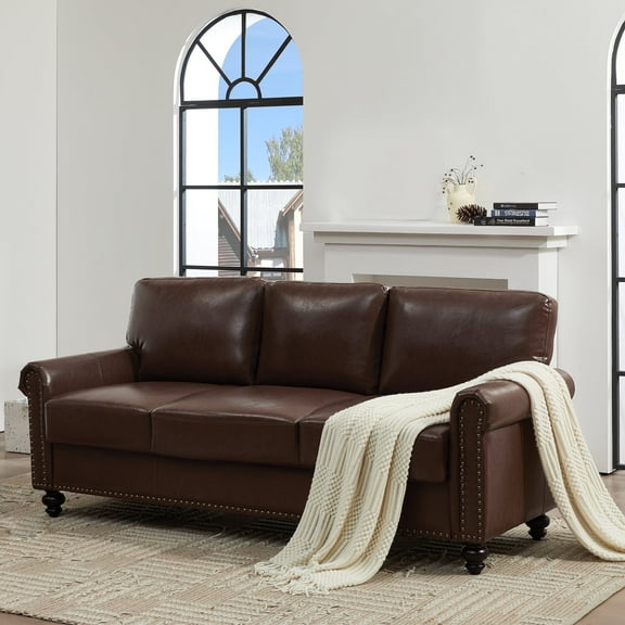 LeChapitre Faux Leather Sofa with Storage Seats, Classic 3-Seater Couch with Nailhead Trim (Dark Brown)
