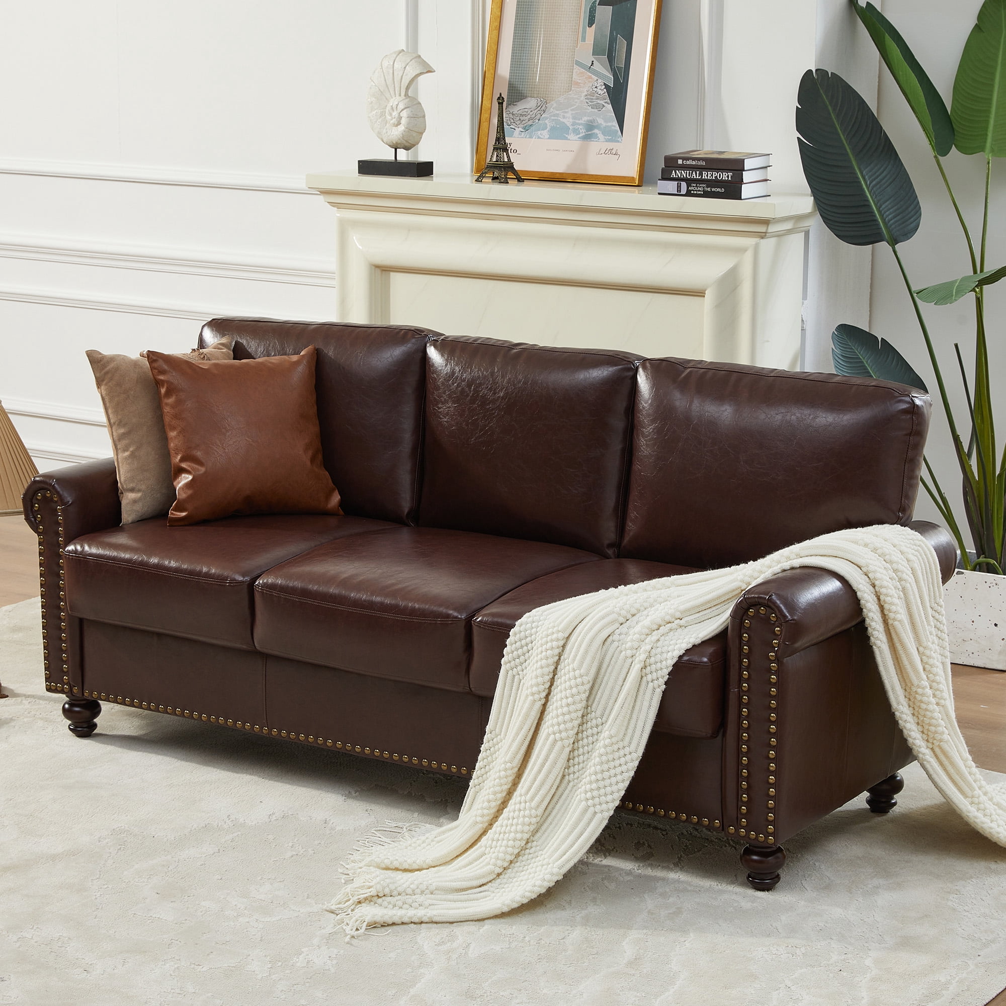 LeChapitre Faux Leather Sofa with Storage Seats, Classic 3-Seater Couch with Nailhead Trim (Dark Brown)