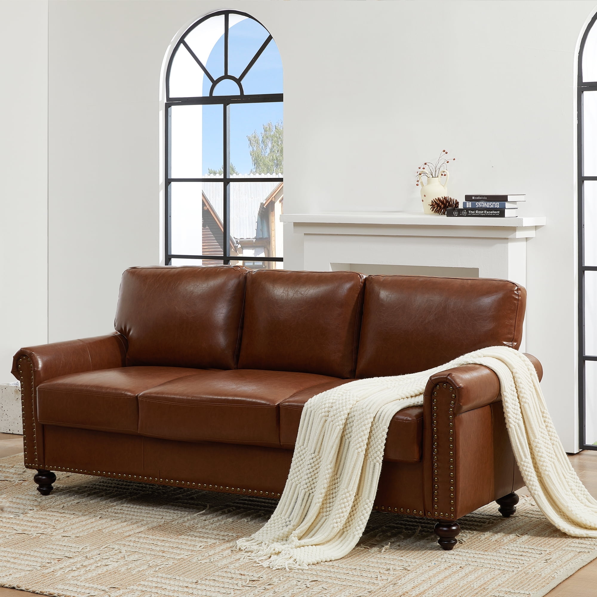 LeChapitre Faux Leather Sofa with Storage Seats Classic 3 Seater Couch with Nailhead Trim Brown