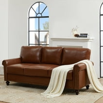 LeChapitre Faux Leather Sofa with Storage Seats, Classic 3-Seater Couch with Nailhead Trim (Brown)