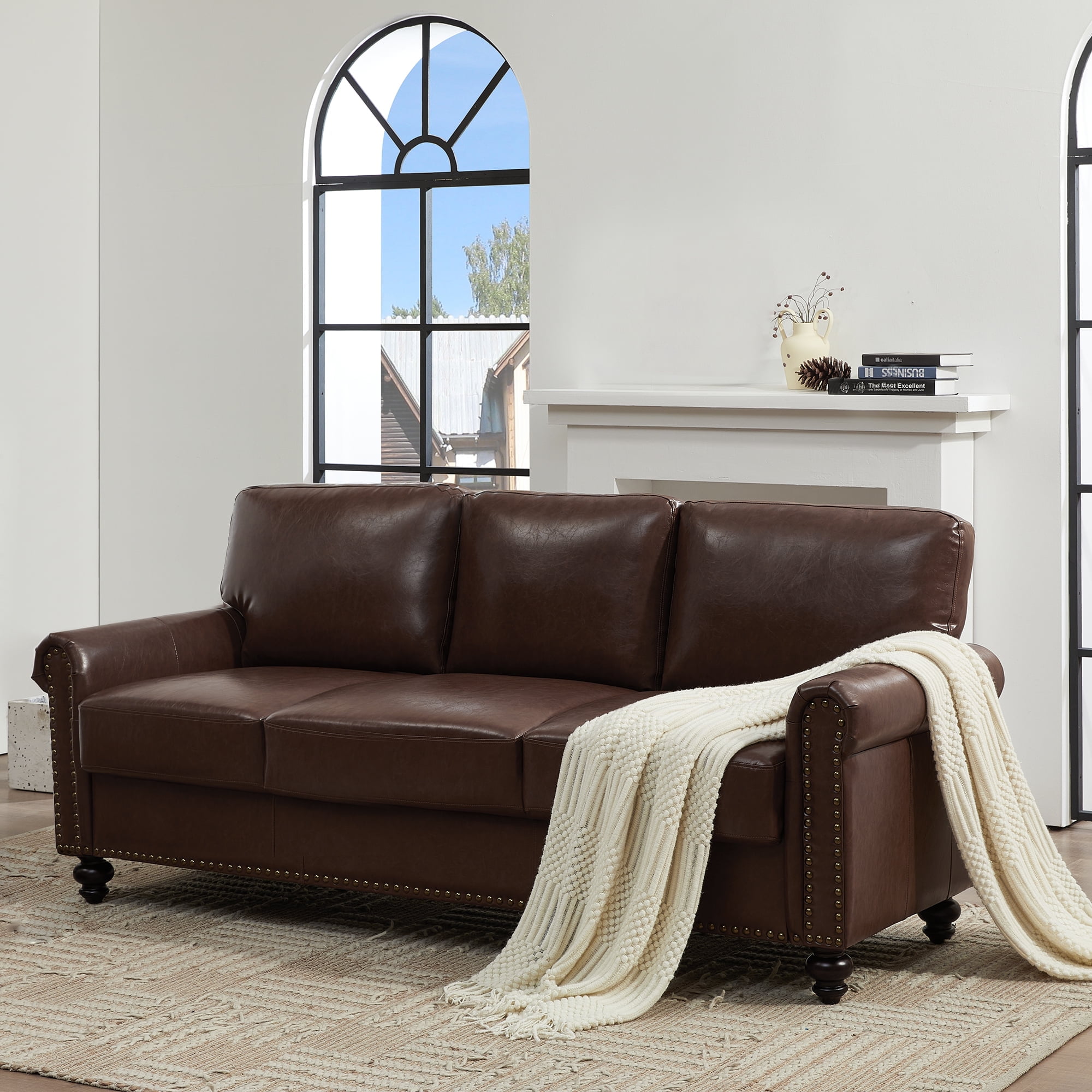 Brown leather 3 seater discount