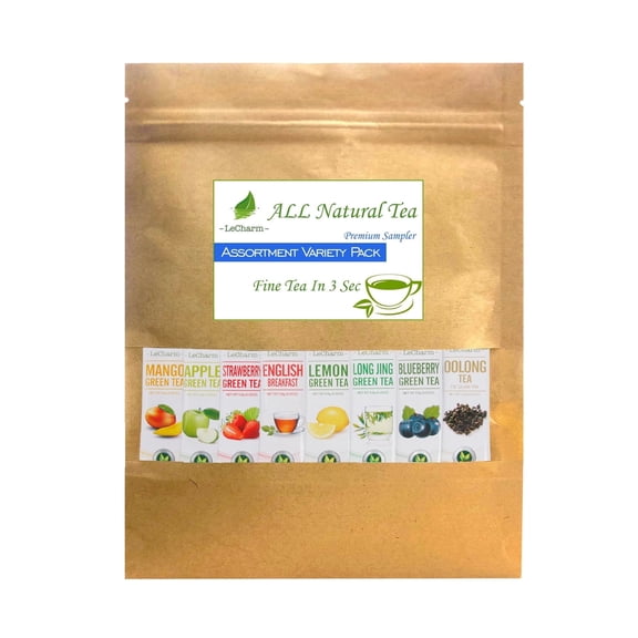 LeCharm Tea Bags Mix Pack 8-Flavor Variety Oolong, Mango, LongJing, Lemon, English Breakfast, Blueberry, Apple, Strawberry 32 Count