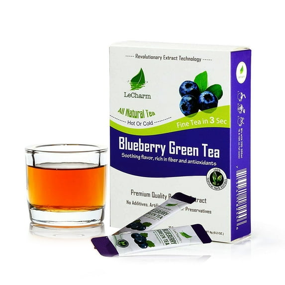 LeCharm Blueberry Green Instant 100% Natural Tea Extract, Unsweetened Drink Instant Crystallized Tea Powder for Pure Water, Iced Tea and Hot Tea(10 Sachets)