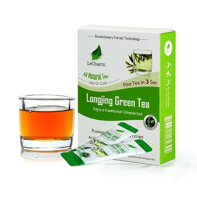 LeCharm Longjing Organic Instant Tea 100% Natural Green Tea, Unsweetened Drink Instant Crystallized Tea Powder for Pure Water, Iced Tea and Hot Tea 10 Sachets