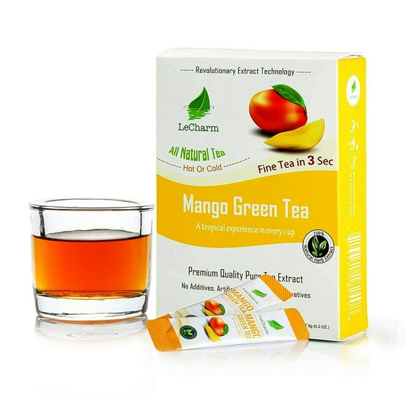 LeCharm Mango Green Instant Tea 100% Natural Tea Extract , Unsweetened Drink Instant Crystallized Tea Powder for Pure Water, Iced Tea and Hot Tea(10 Sachets)