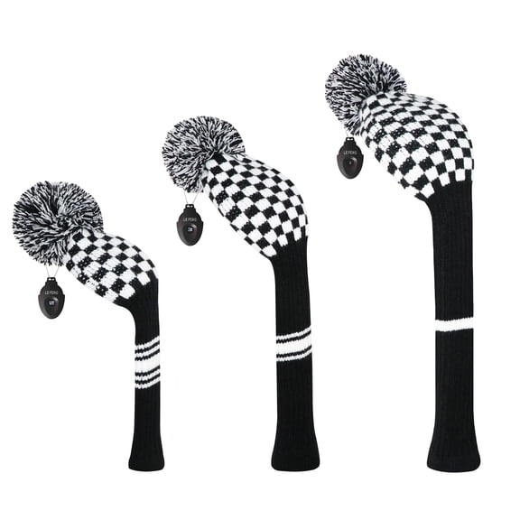 LeFeng 3Pcs Golf Club Head Covers Set Knitted Golf Head Covers for 460cc Driver Fairway Woods and Hybrid with Cute Pom Pom and Number Tag