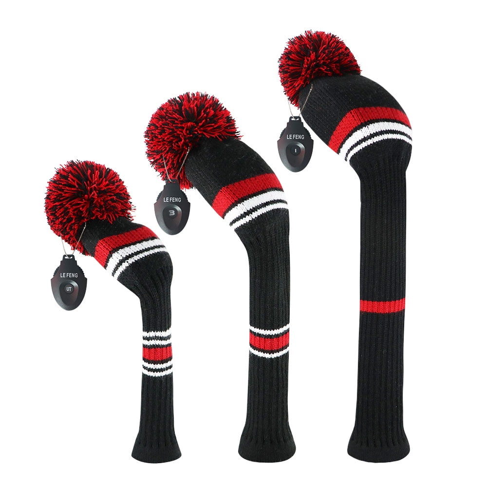 LeFeng 3Pcs Golf Club Head Covers Set Knitted Golf Head Covers for 460cc Driver Fairway Woods and Hybrid with Cute Pom Pom and Number Tag