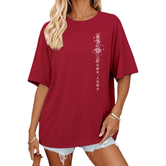LeKing Japanese T Shirts for Women Floral Printed Oversized Casual Crewneck Cotton T Shirt Trendy Clothes for Sports