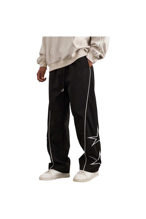 Mens Track Pants Straight Leg Elastic Waist Drawstring Sports Baggy Parachute Pants with Pockets for Cycling