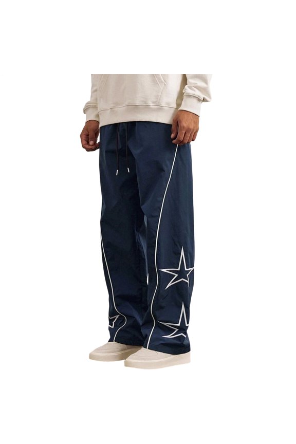 Star Track Pants Men Straight Leg Lightweight Drawstring Baggy Trousers Casual Parachute Pants for Camping