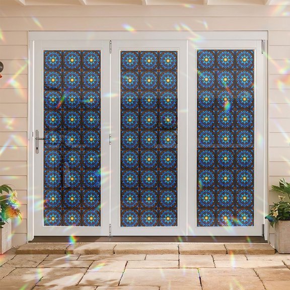 LeLiving 17.7x78.7 inches Azure Flame Mandala Stained Glass Window Film, Decorative Azure Flame Mandala Stained Glass Window Film