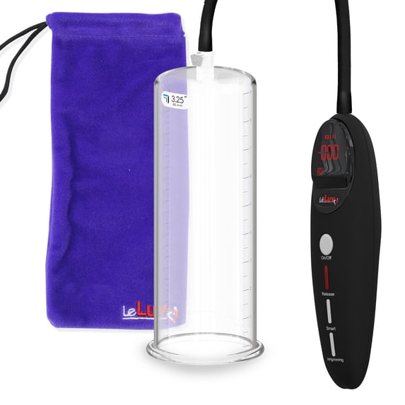 LeLuv Black Magna PRO+ Electric Penis Pump - 9" Length x 3.25" Diameter Round Flange Cylinder - LCD Smart Handheld USB Rechargeable Untapered Acrylic Quick-Disconnect