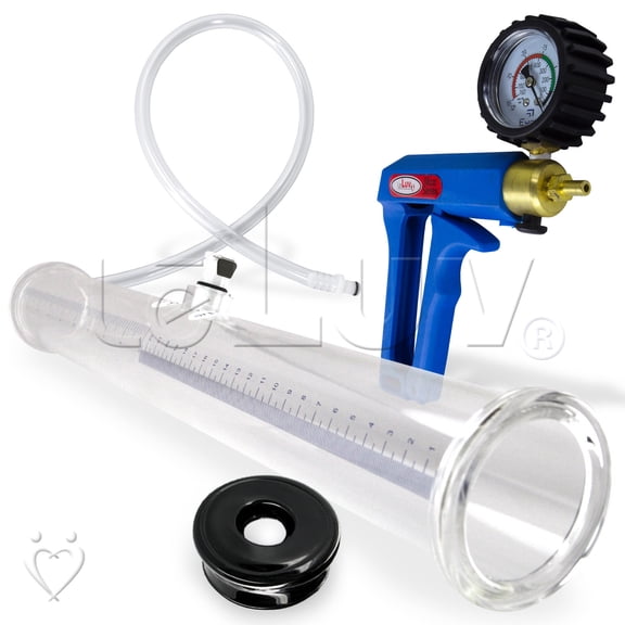 LeLuv Buddy Penis Pump | Blue Maxi Handle + Protected Gauge | Double-Ended 18 inch Length x 2.0 inch Diameter Cylinder | 2x TPR Seals