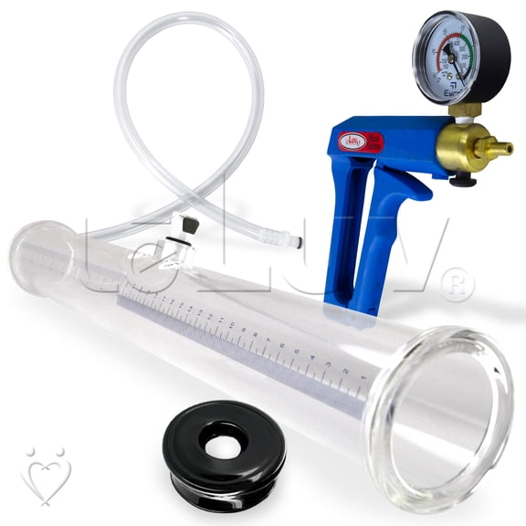 LeLuv Buddy Penis Pump | Blue Maxi Handle + Vacuum Gauge | Double-Ended 20 inch Length x 1.75 inch Diameter Cylinder | 2x TPR Seals